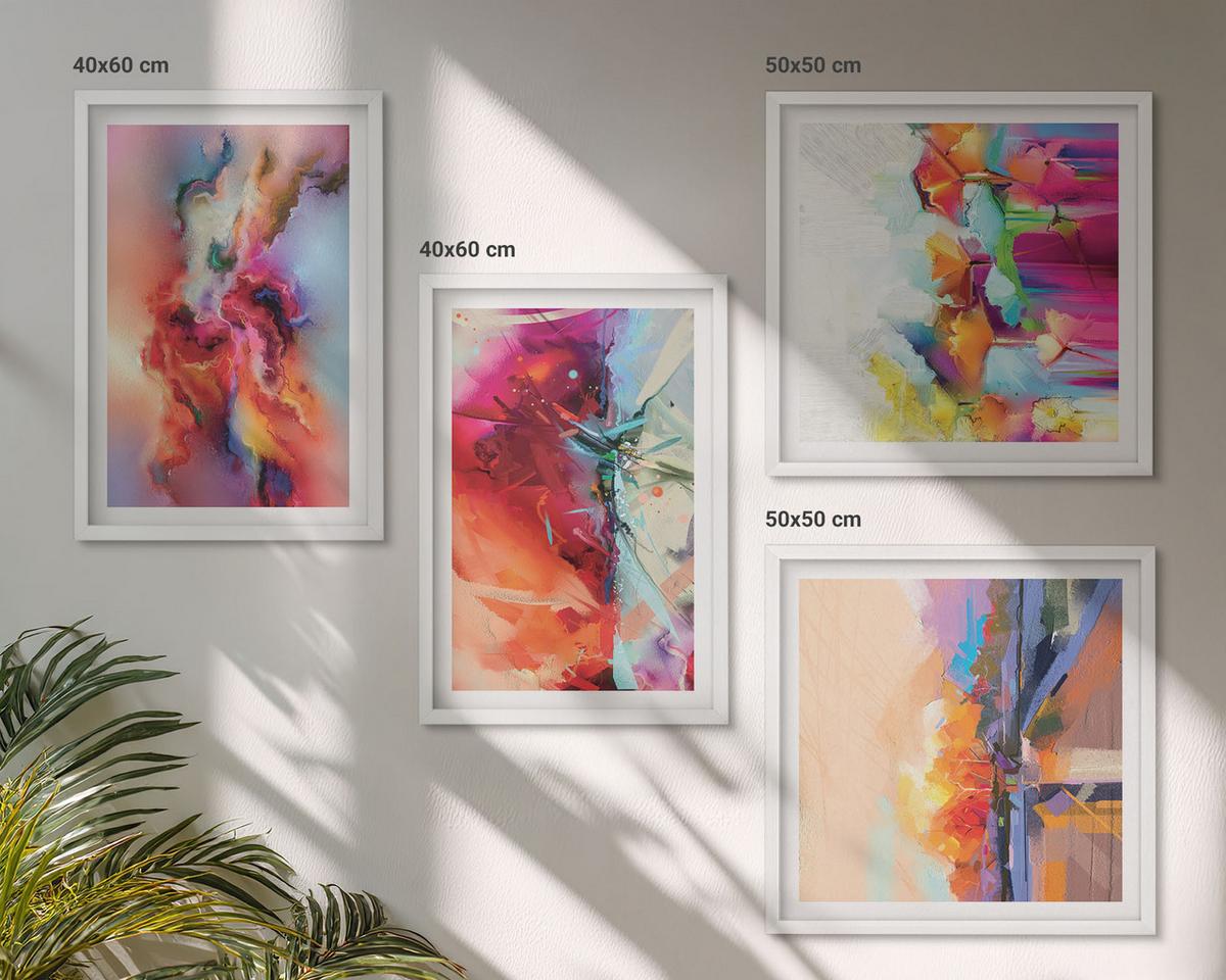 BILDER SET 4er Set - 50x50 cm & 40x60 cm Weißer Rahmen - Farbenfrohe Abstraktionen der Form - Weiß, Kunststoff (50/50cm) - TULUP