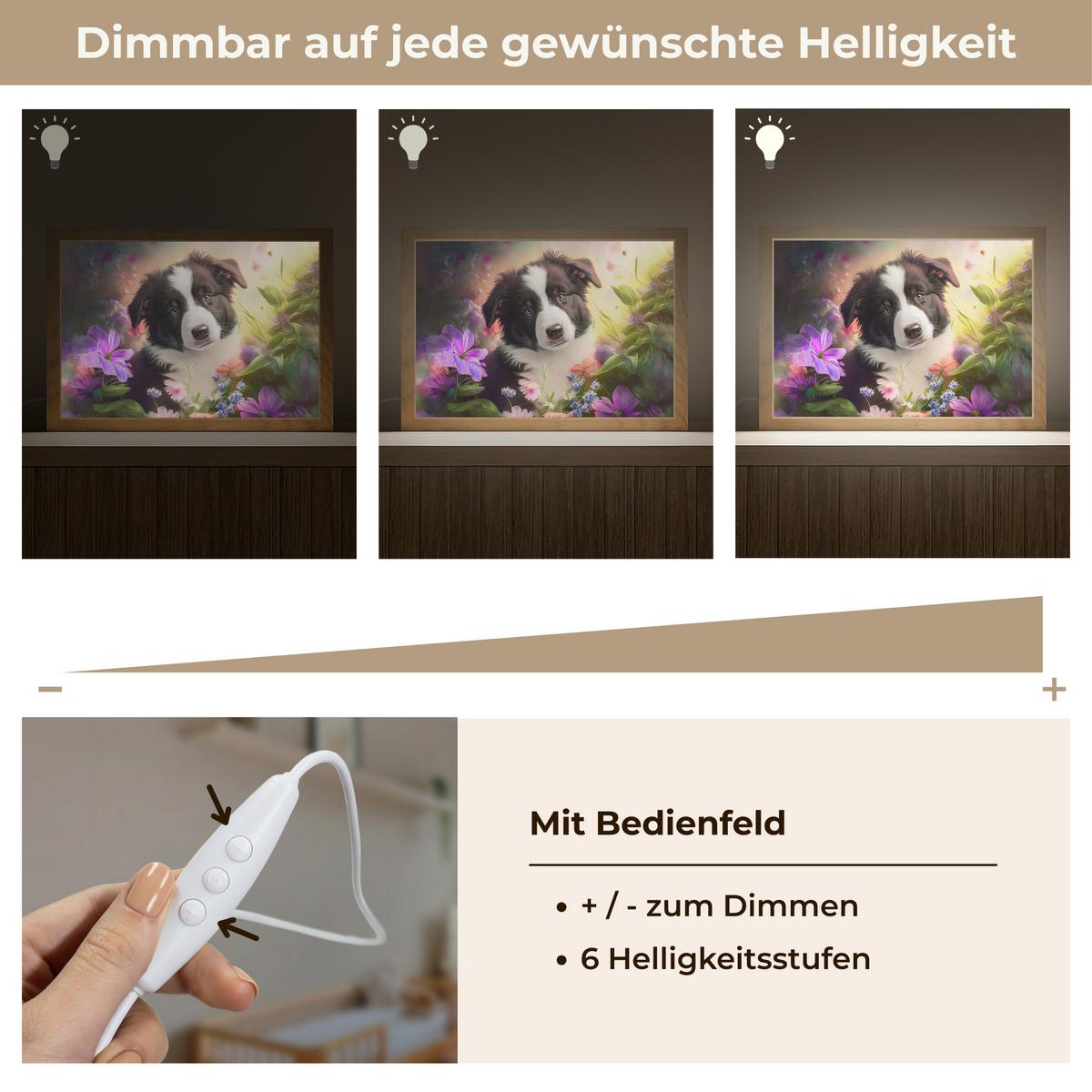 NACHTTISCHLAMPE Welpe - Sonne - Blumen - Natur - Border Collie - Hund 30x20 cm - Violett, Holzwerkstoff (8/30/20cm) - OnlyWow