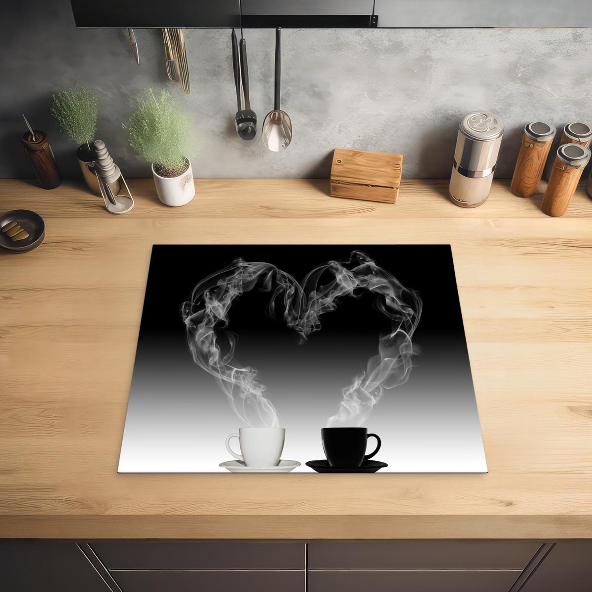 HERDABDECKPLATTE Kaffee - Herz - Schwarz und weiß - Tassen Abdeckung Ceranfeld 59x51 cm - Weiß, Kunststoff (59/51/0.2cm) - MuchoWow