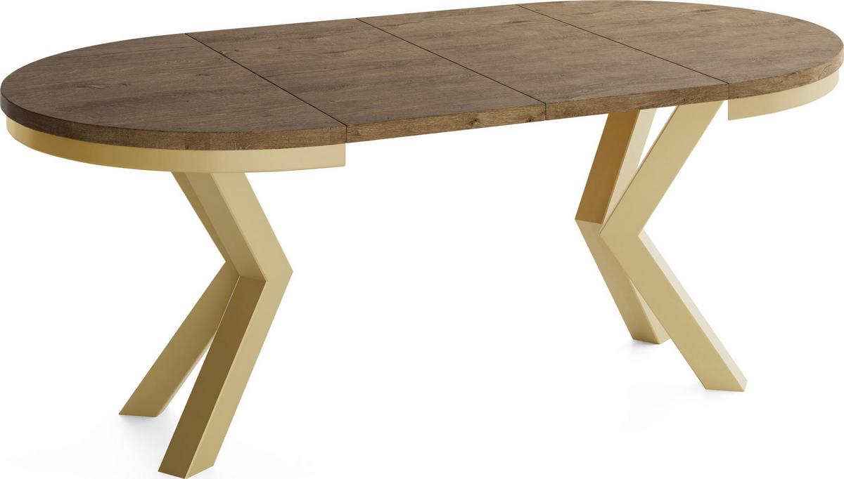ESSTISCH Clara Gold runder ausziehbarer, Lefkas Eiche 120-200/120/76 cm - Alteiche/Goldfarben, Holzwerkstoff/Metall (120/196/76cm) - WFL GROUP