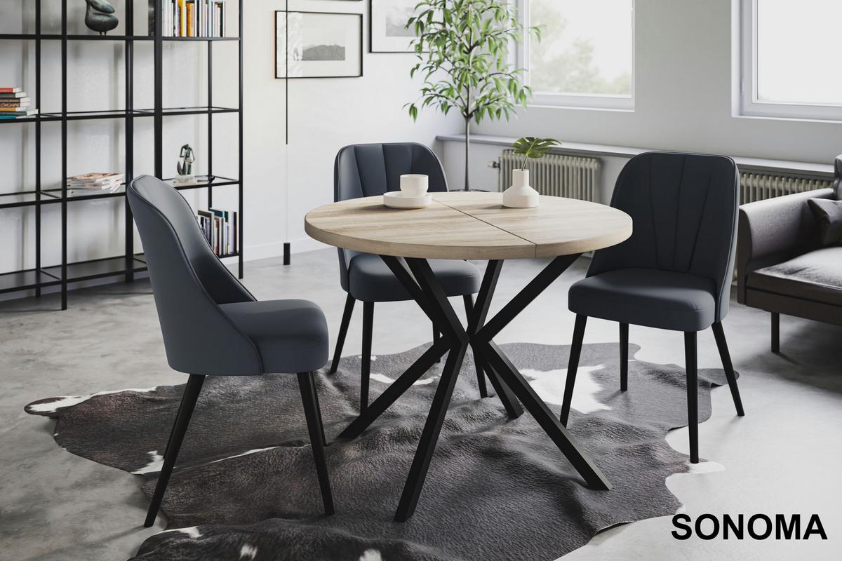RUNDER Esszimmertisch LOFT LITEN, ausziehbarer Tisch Durchmesser: 90 cm/170 cm, Wohnzimmertisch Farbe: Beige, mit Metallbeinen in Farbe Schwarz - Schwarz/Sonoma Eiche, Holzwerkstoff (90/90/76cm) - Alpi-Möbel