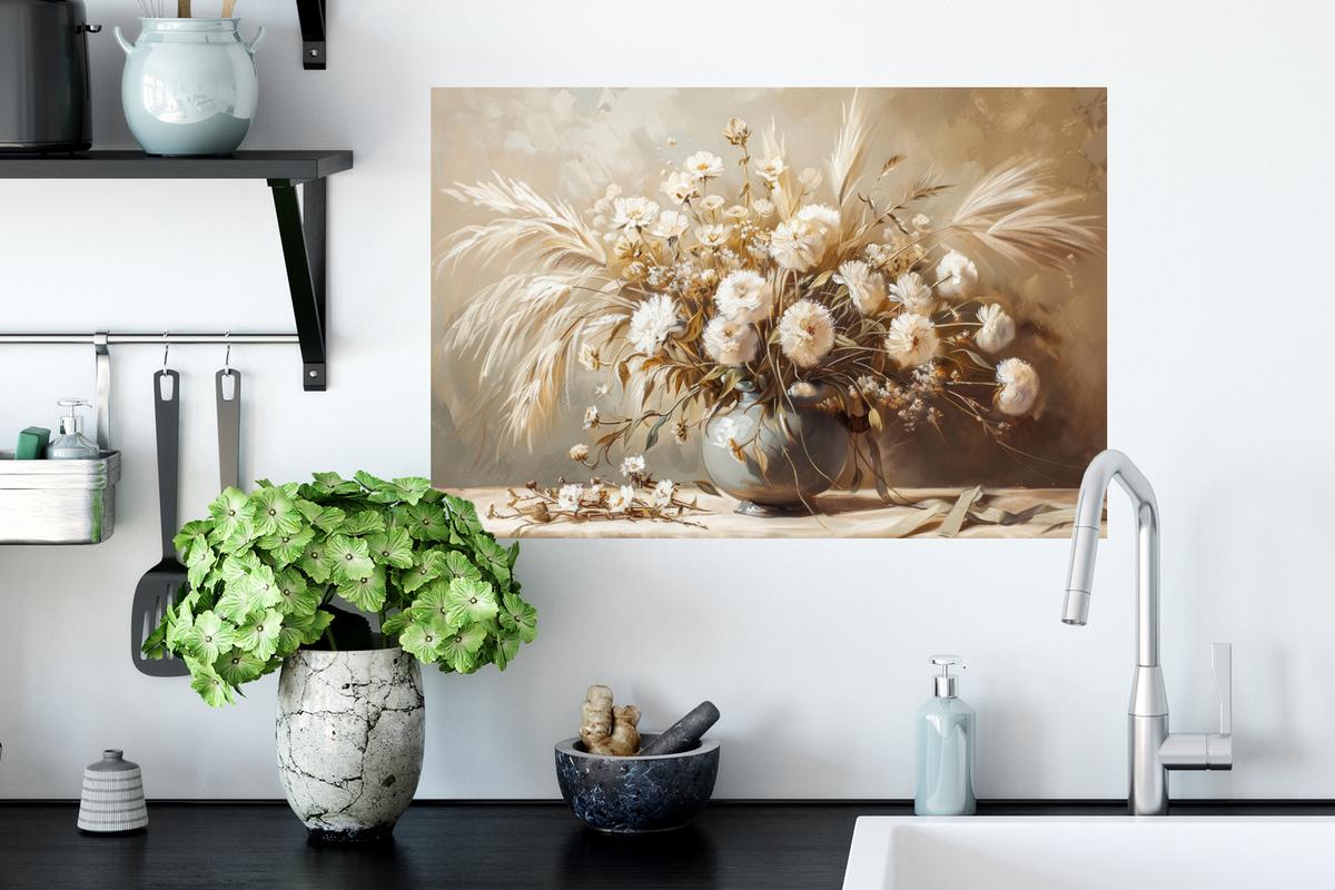 WANDTATTOO Blumen - Vase - Stilleben - Beige Deko Wohnzimmer 60x40 cm - Creme, Kunststoff (60/40/0.1cm) - MuchoWow