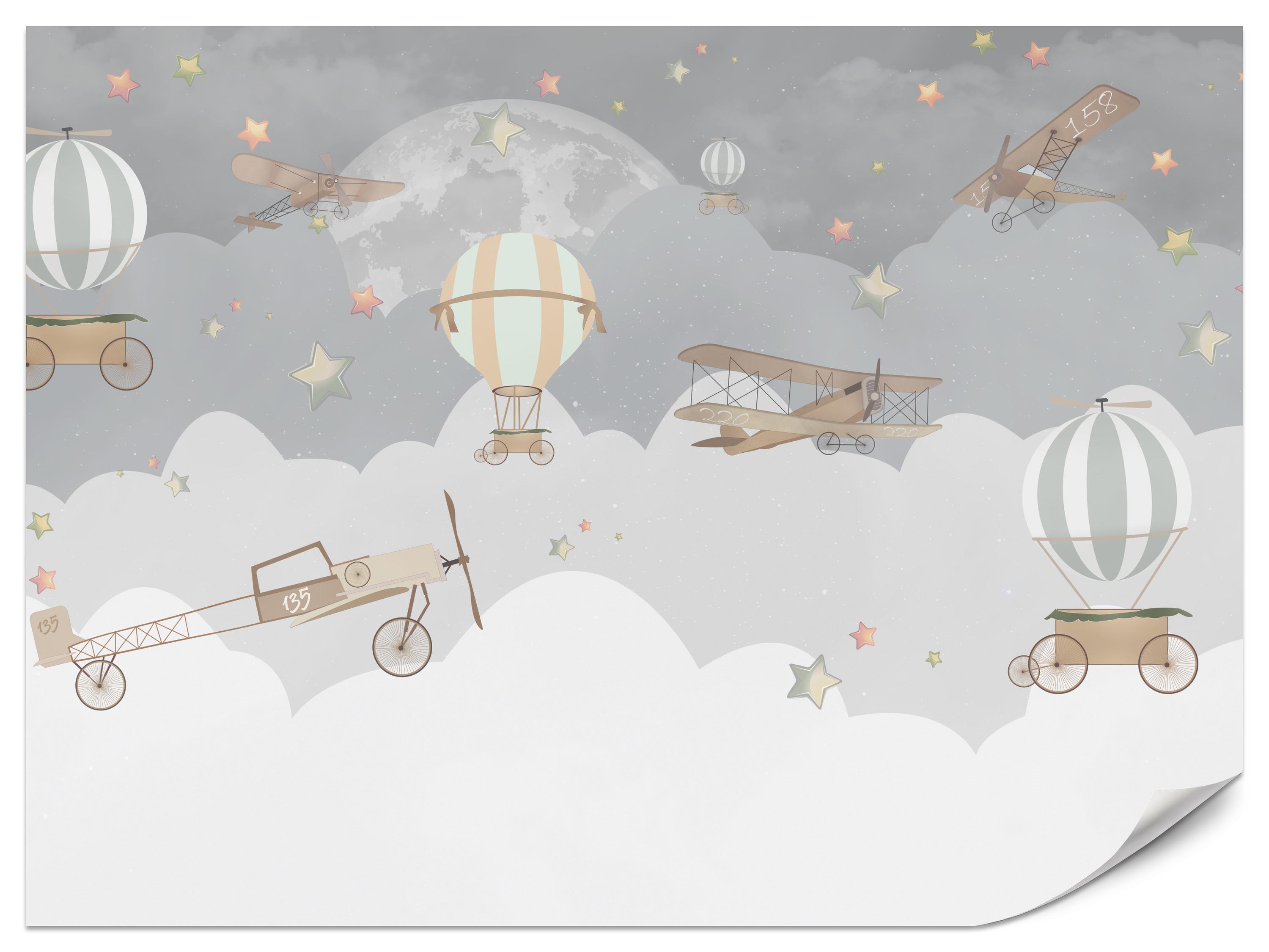 FOTOTAPETE für Kinderzimmer Ballons Wolken Flugzeug Himmel Sterne 500x350 - Multicolor, Papier (500/350cm) - Muralo