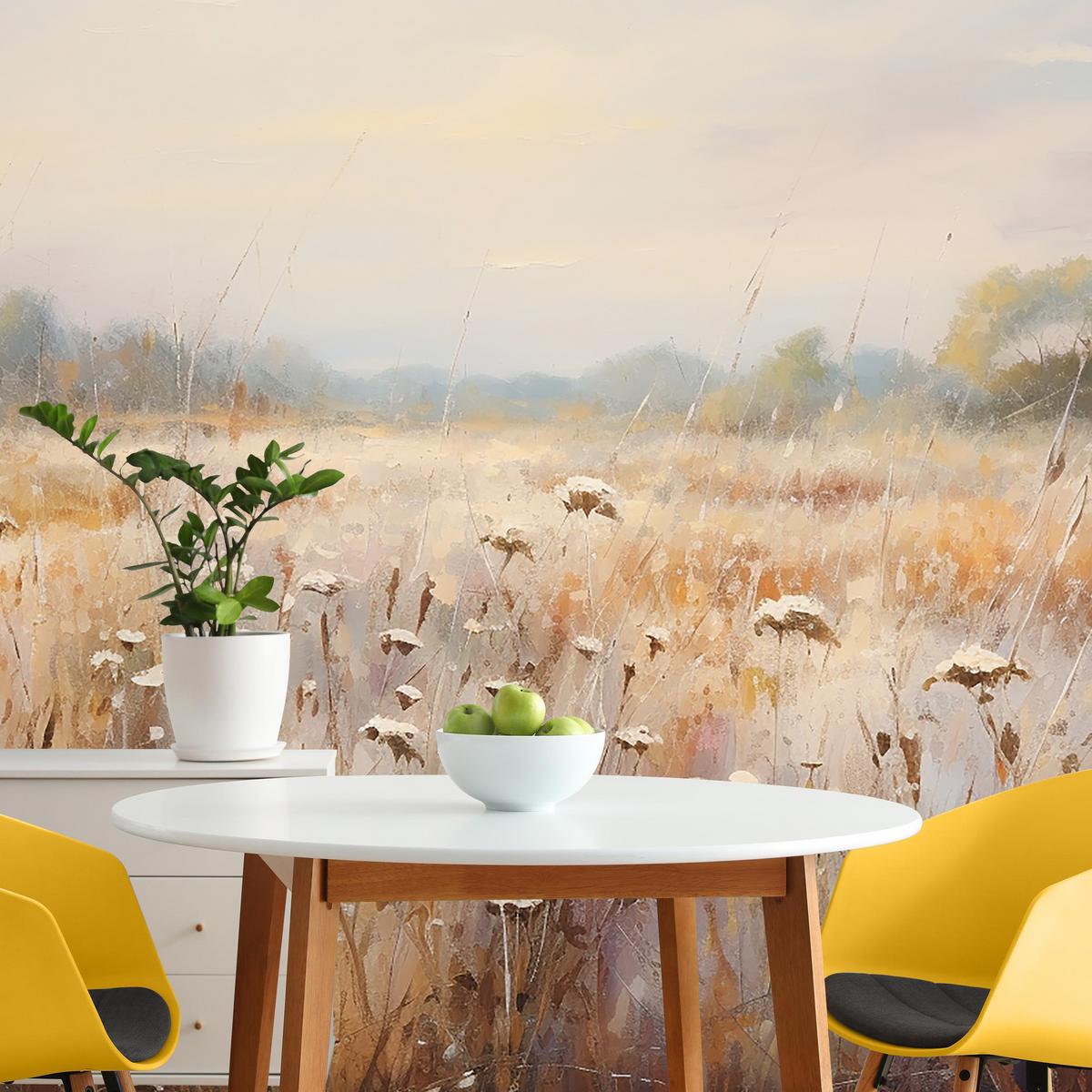 FOTOTAPETE für Esszimmer Wiese Pflanzen Retro Stil 300x210 - Gelb/Beige, Papier (300/210cm) - Muralo