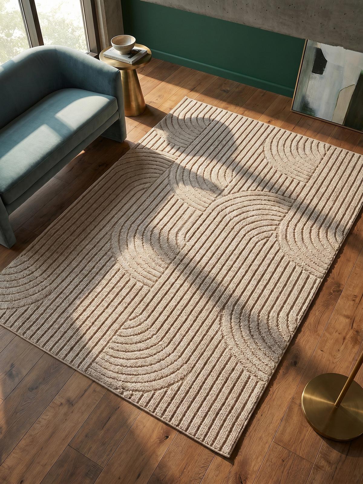 TEPPICH Flachgewebe LANGAU in Beige, mit geometrischen Bögen, 60 x 110 cm - Beige, Textil (110/60cm) - KADIMA DESIGN