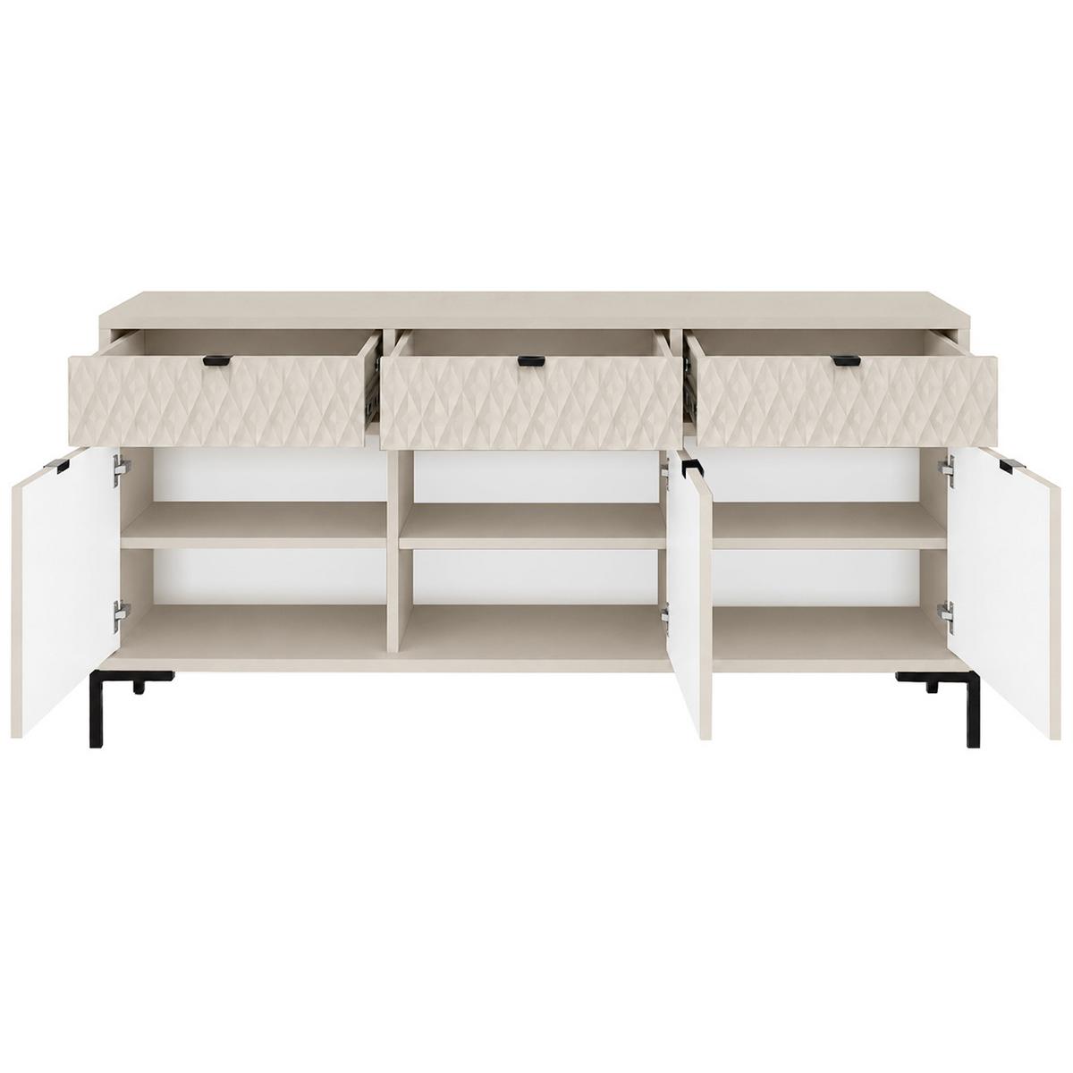 KOMMODE Montreal mit 3 Türen und 3 Schubladen, dekorative 3D-Fronten, 150 cm, Kaschmir - Kaschmir/Schwarz, Holzwerkstoff/Metall (150/85/40cm) - Beautysofa