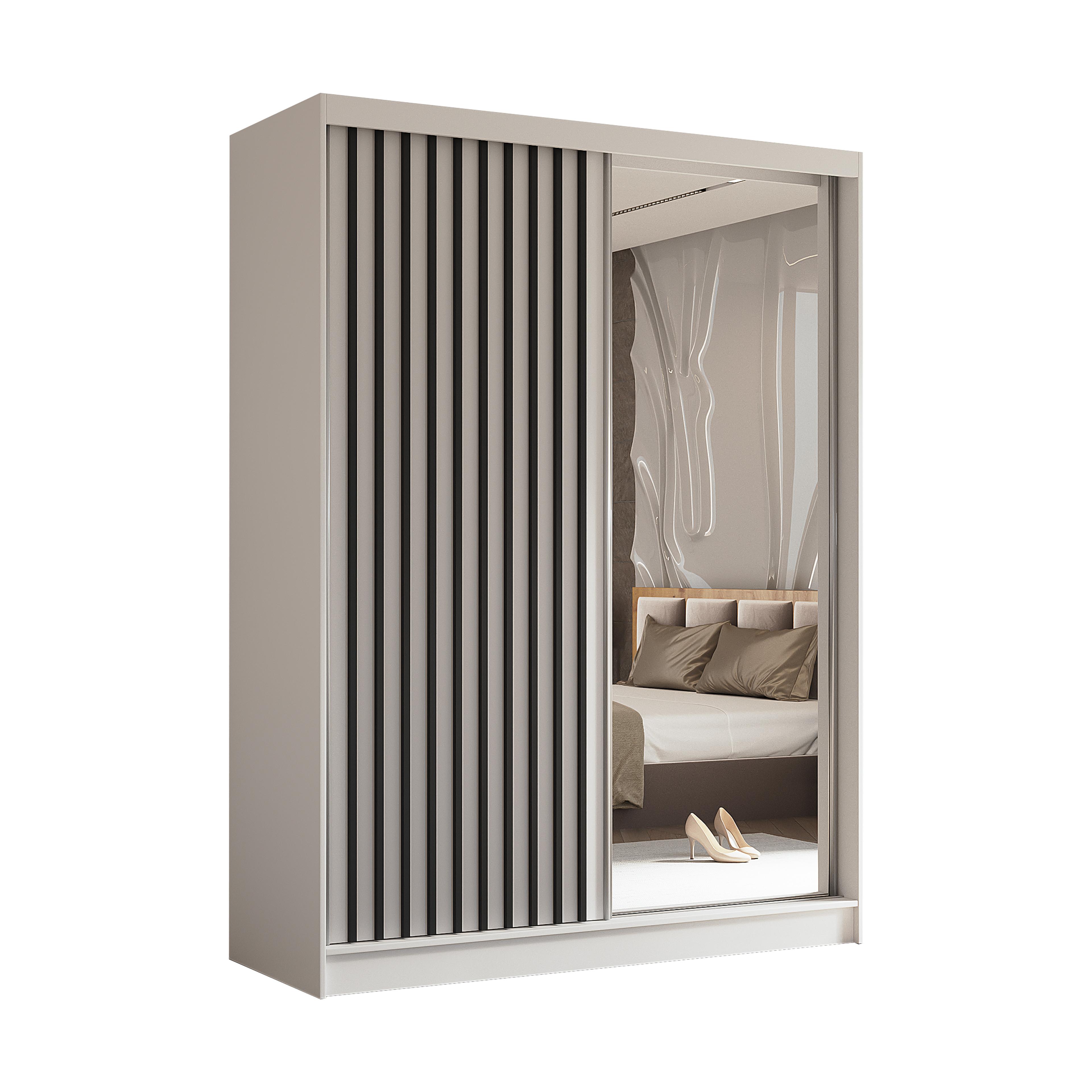 SCHWEBETÜRENSCHRANK LAMELLO 160/216/61 cm 2-türig mit Spiegel Weiß - Weiß, Holzwerkstoff (160/216/61cm) - MASSENO