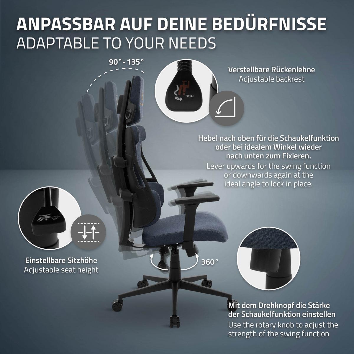 GAMINGSTUHL mit Stoffbezug in Blau Individuell Einstellbar - Blau/Schwarz, Kunststoff/Textil (69/142/68cm) - ML-DESIGN