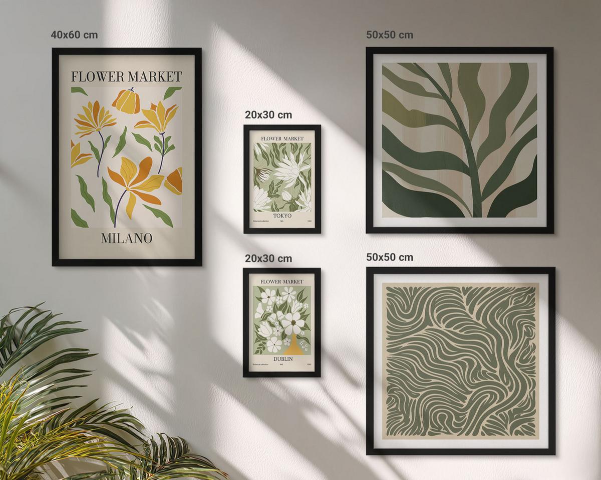 BILDER SET 5er Set - 50x50 cm & 20x30 cm & 40x60 cm Schwarzer Rahmen - Pflanzenmuster, Boho-Dekorationen - Schwarz, Kunststoff (40/60cm) - TULUP