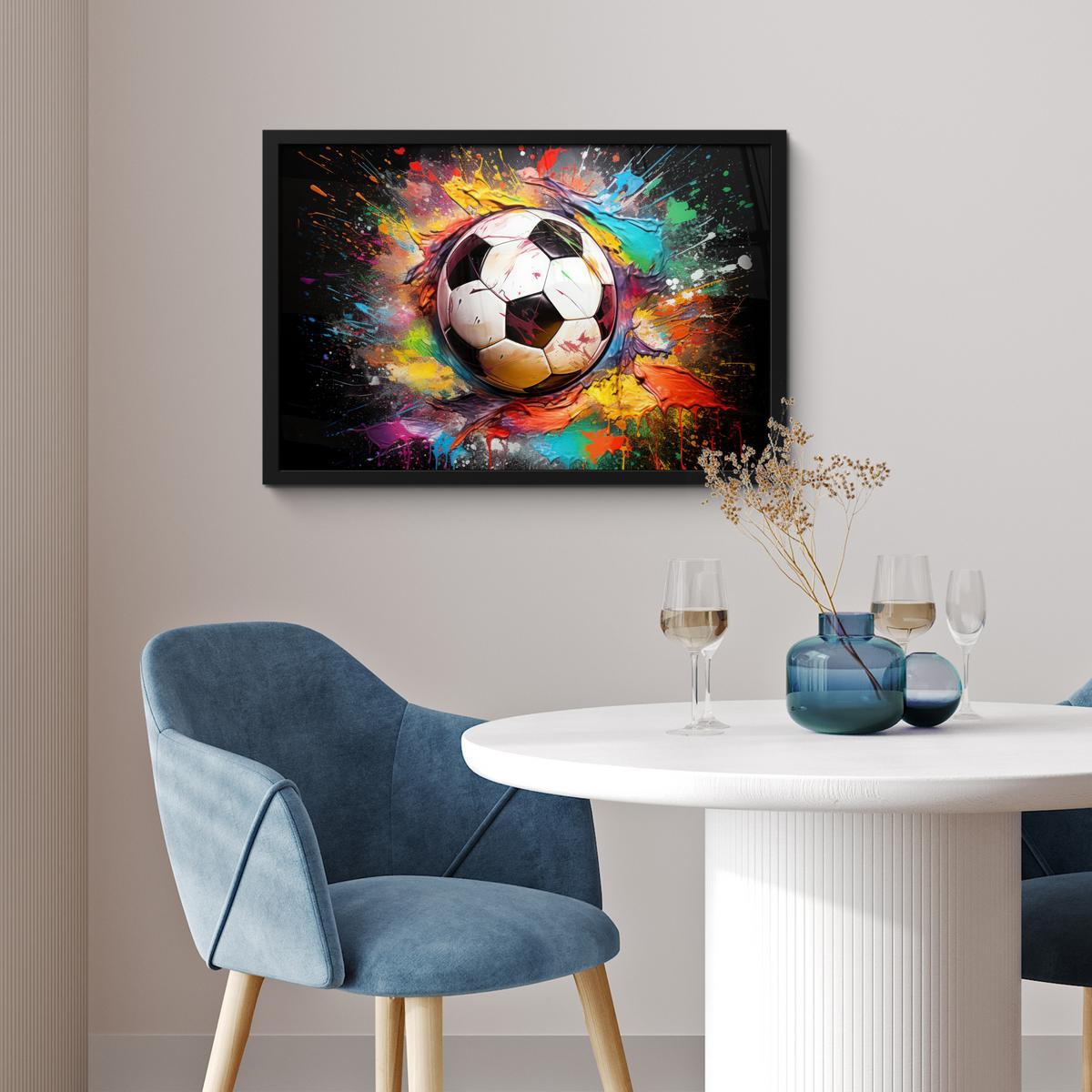 POSTER MIT RAHMENGERAHMTES BILD Fußball - Farbe - Farben - Schwarz - Weiß 60x40 cm - Weiß, Papier (60/40cm) - MuchoWow