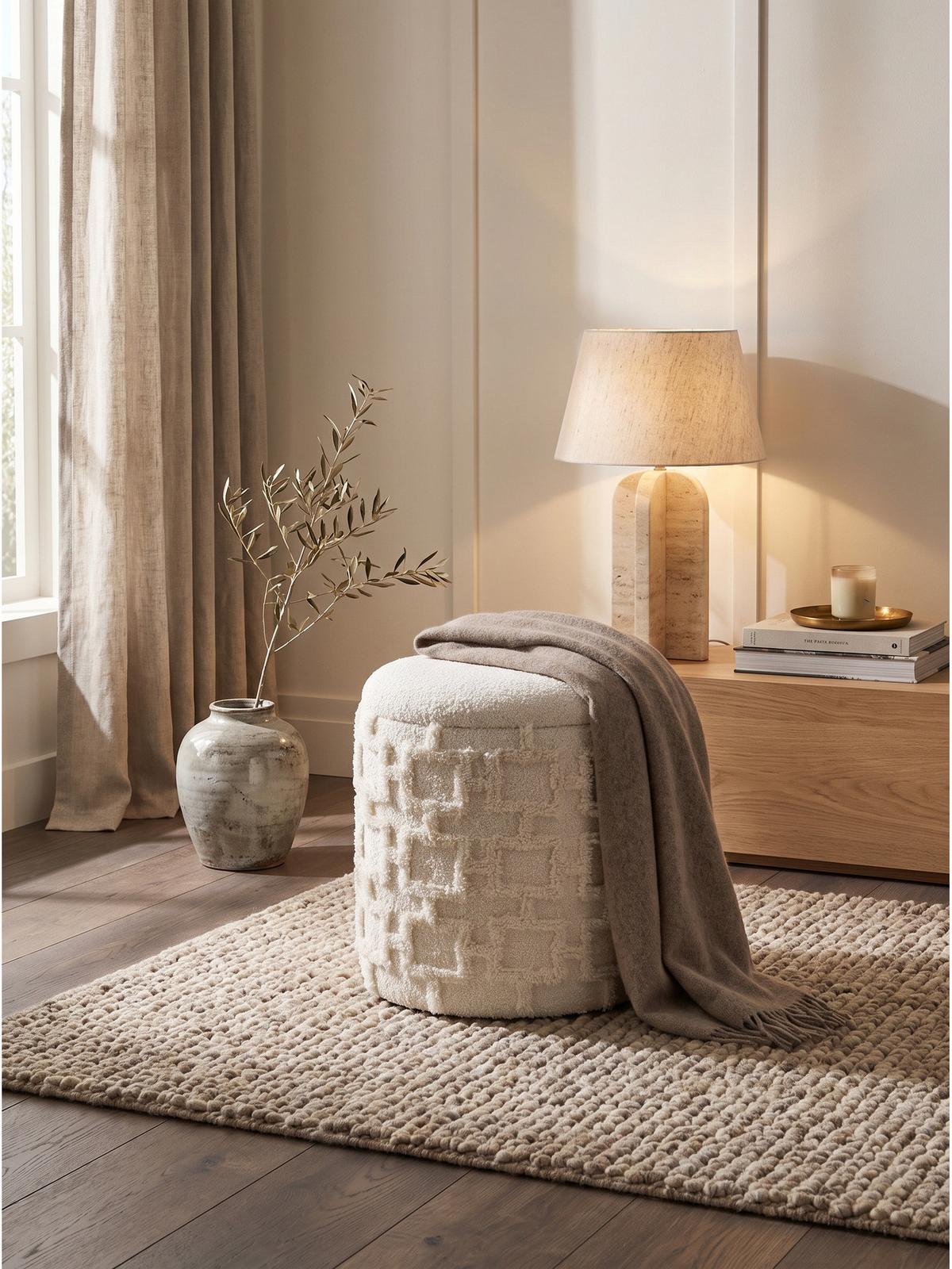 SITZHOCKER RHONE, Stoff, mit Textilbezug, mit Stauraum, Creme, Ø 40 x 45 cm - Beige/Creme, Textil (40/45/40cm) - KADIMA DESIGN