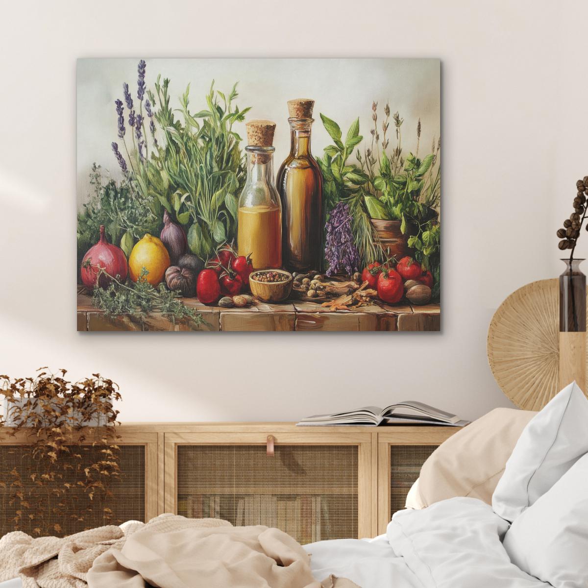 AKUSTIKBILD Stilleben - Kräuter - Gewürze - Früchte - Farbenfroh Gemälde 80x60 cm - Grün, Kunststoff (80/60/0.9cm) - MuchoWow