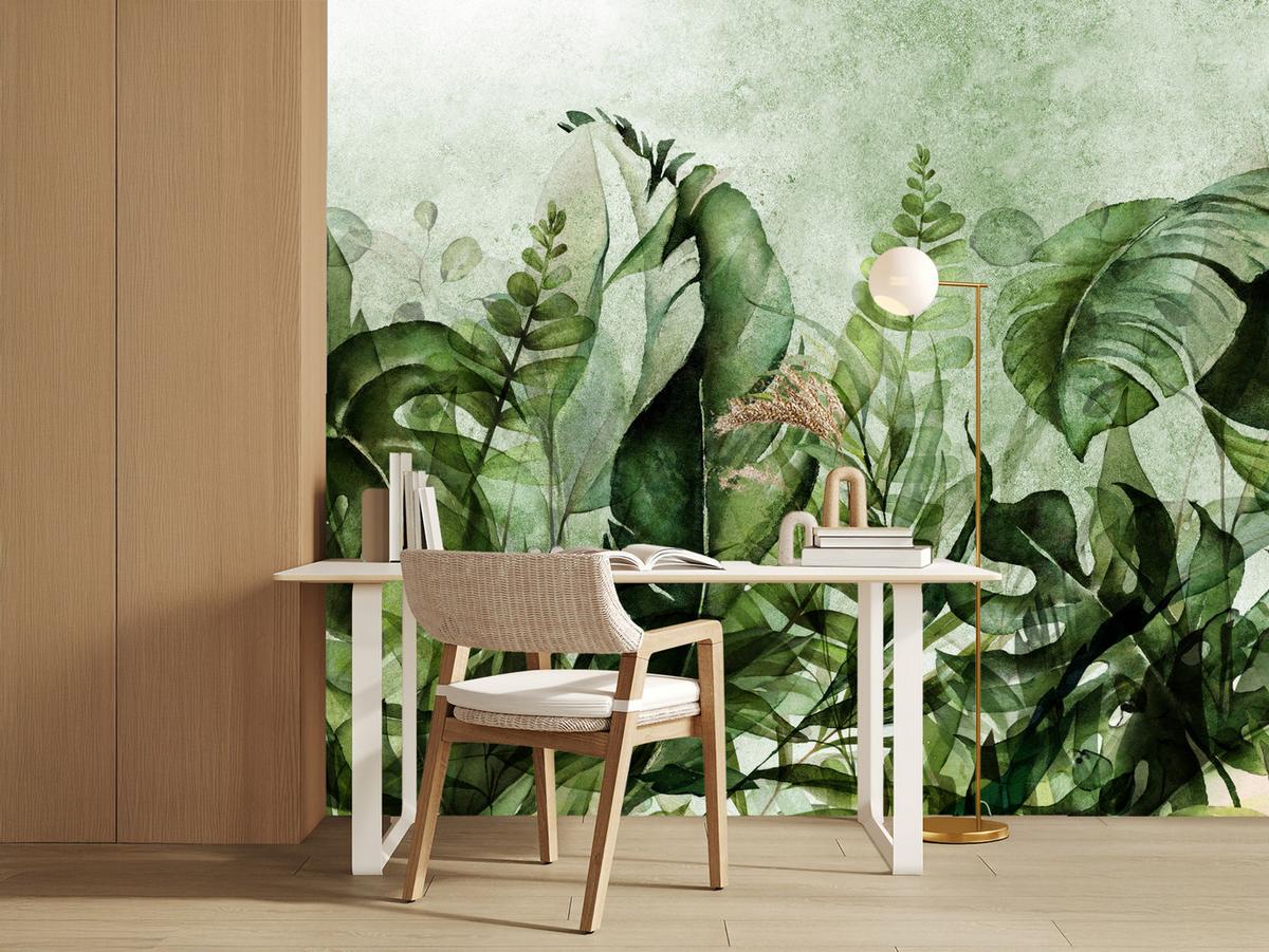 FOTOTAPETE für Wohnzimmer Grüne Blätter auf Beton 100x70 - Schwarz/Grün, Papier (100/70cm) - Muralo