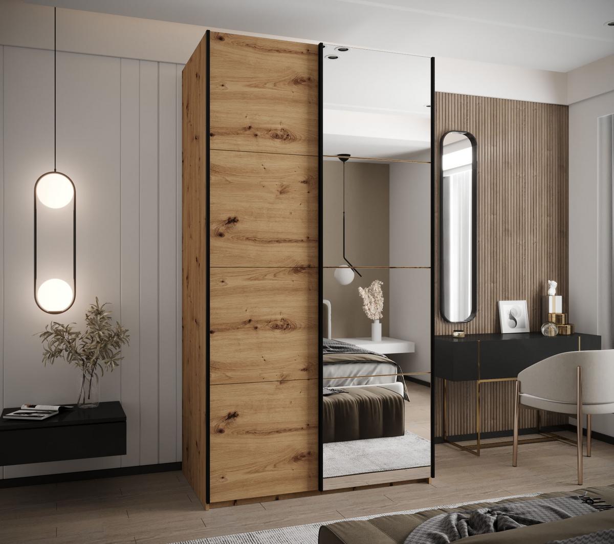SCHWEBETÜRENSCHRANK 245,5/130/64 2-türig - Schwarz/Eiche Artisan, Holz/Metall (130/245/64cm) - Abiks Möbel