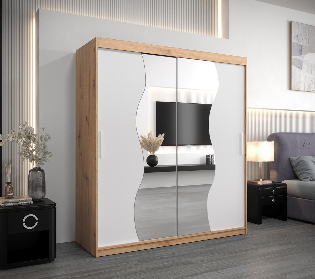 SCHWEBETÜRENSCHRANK 200/180/62 2-türig - Silberfarben/Weiß, Holz/Kunststoff (180/200/62cm) - MÖBEL KRYSPOL