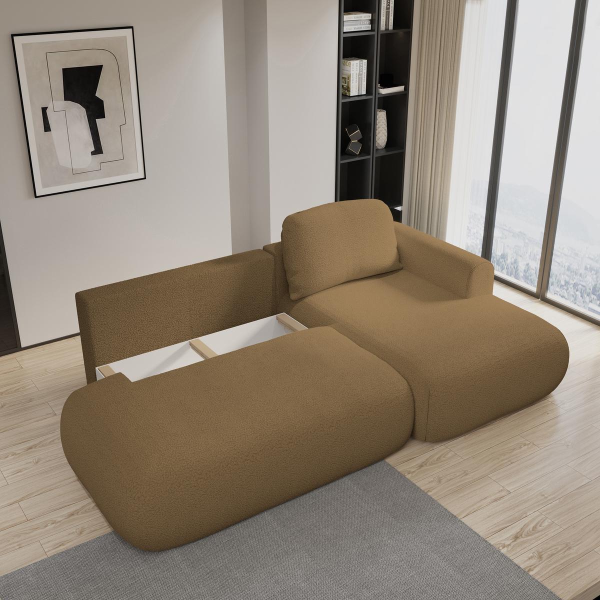 ECKSOFA NUVIRA R-S Orange Boucle-Stoff mit Schlaffunktion - Orange, Holz (279/158cm) - MASSENO