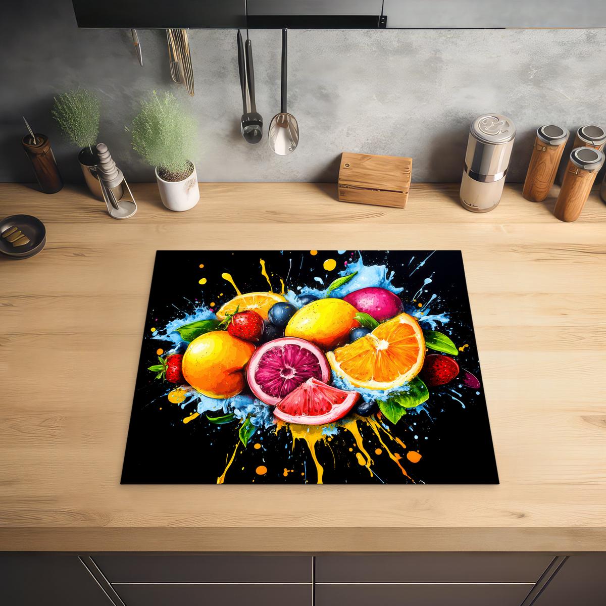 HERDABDECKPLATTE Obst - Graffiti - Bunt - Orange - Erdbeere - Abstrakt Abdeckung Ceranfeld 58.3x51.3 cm - Orange, Kunststoff (58.3/51.3/0.2cm) - MuchoWow