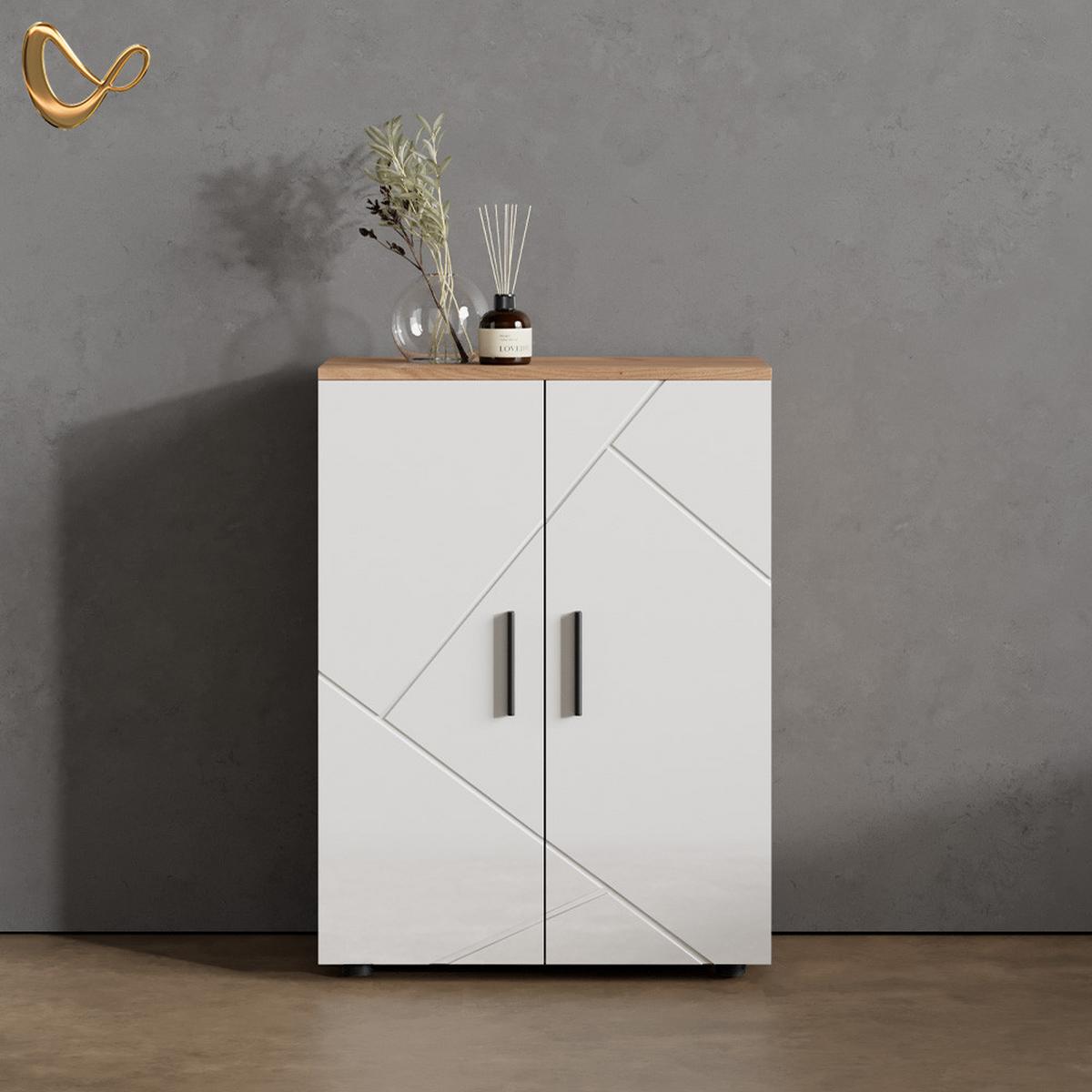 MIDISCHRANK Ronco Weiß Hochglanz/Goldkraft Eiche 60 x 81 cm - Honigeiche/Weiß Hochglanz, Holzwerkstoff (60/81/30cm) - Livinity®
