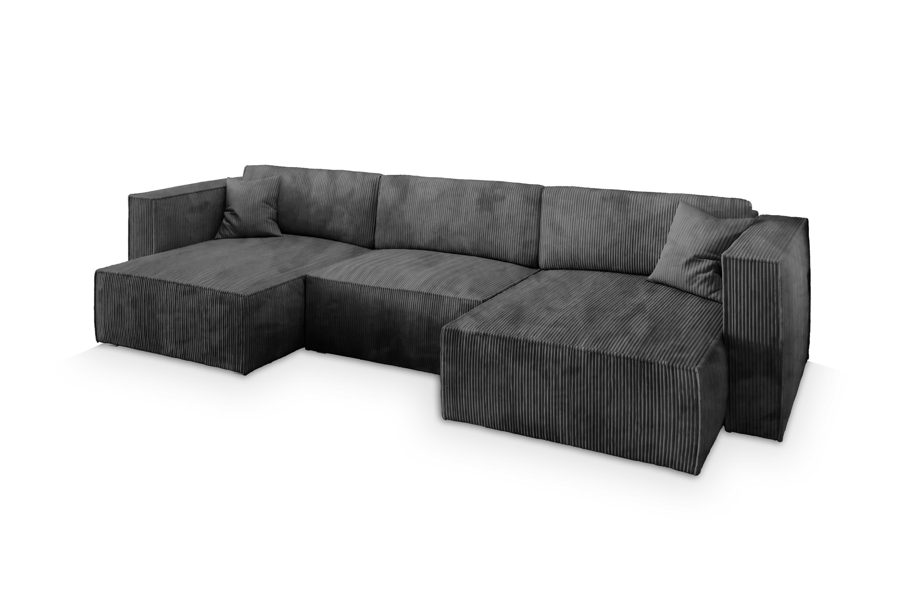 WOHNLANDSCHAFT SARMO P Graphitfarben Kordstoff mit Schlaffunktion - Graphitfarben/Grau, Holz/Kunststoff (347/70/148cm) - MASSENO