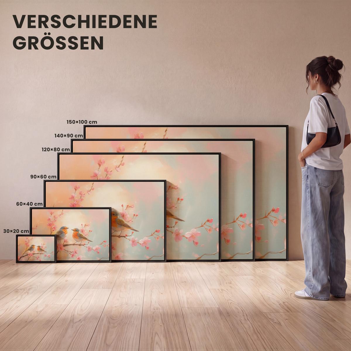 LEINWAND Bilder mit Rahmen - Rotkehlchen - Zierpflanze - Blütenzweig - 150x100 - Hellrosa, Textil (150/100cm) - MuchoWow
