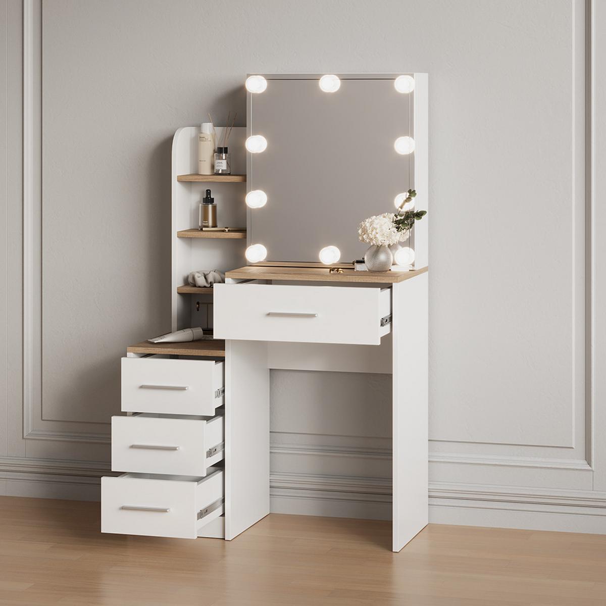 SCHMINKTISCH Loreta Weiß/Sonoma 80 cm mit LED Beleuchtung - Weiß/Sonoma Eiche, Holzwerkstoff (80/131.6/36cm) - Livinity®