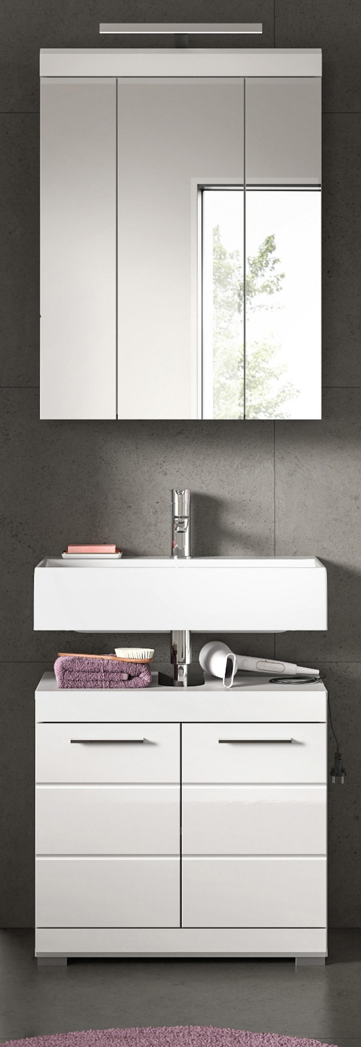 BADMÖBEL-SET weiß Hochglanz 2-teilig 60 cm, Kombination mit Spiegelschrank - Weiß Hochglanz, Glas/Holzwerkstoff (60/191/34cm) - Inn.Furn