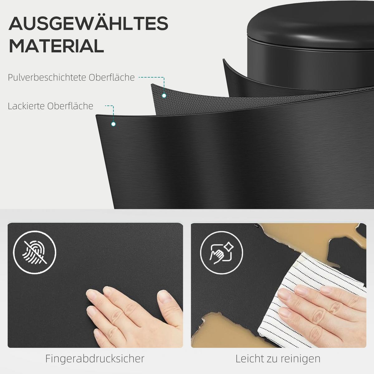 MÜLLEIMER aus Metall Kunststoff Schwarz - Schwarz, Metall (30/63.5/36cm) - HOMCOM