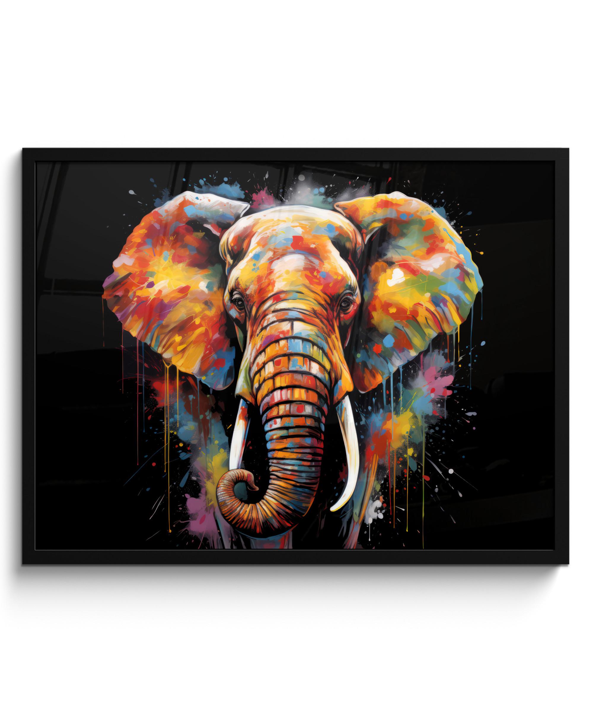 POSTER MIT RAHMEN Elefant - Graffiti - Schwarz - Tiere - Farben 80x60 cm - Schwarz, Papier (80/60cm) - MuchoWow
