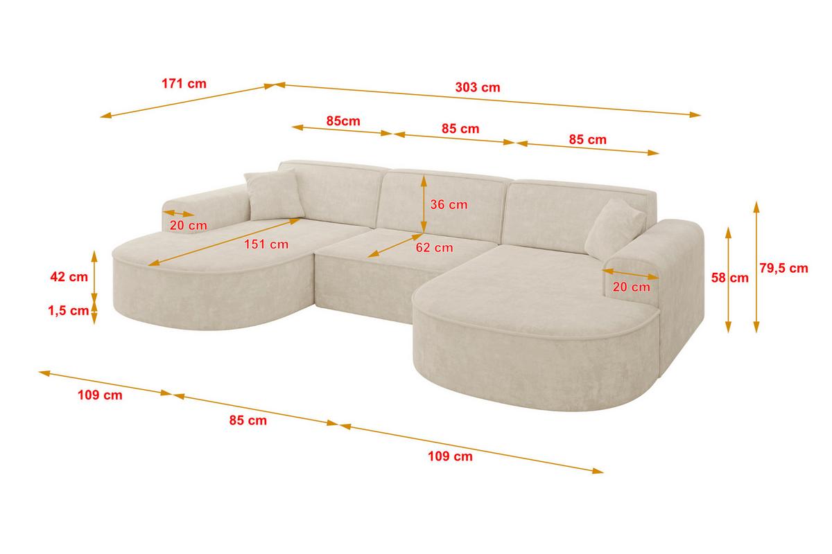 WOHNLANDSCHAFT MARI-U1 - 303x171x79 cm Beige Velours - Beige/Schwarz, Holzwerkstoff/Kunststoff (303/79/171cm) - ALTDECOR