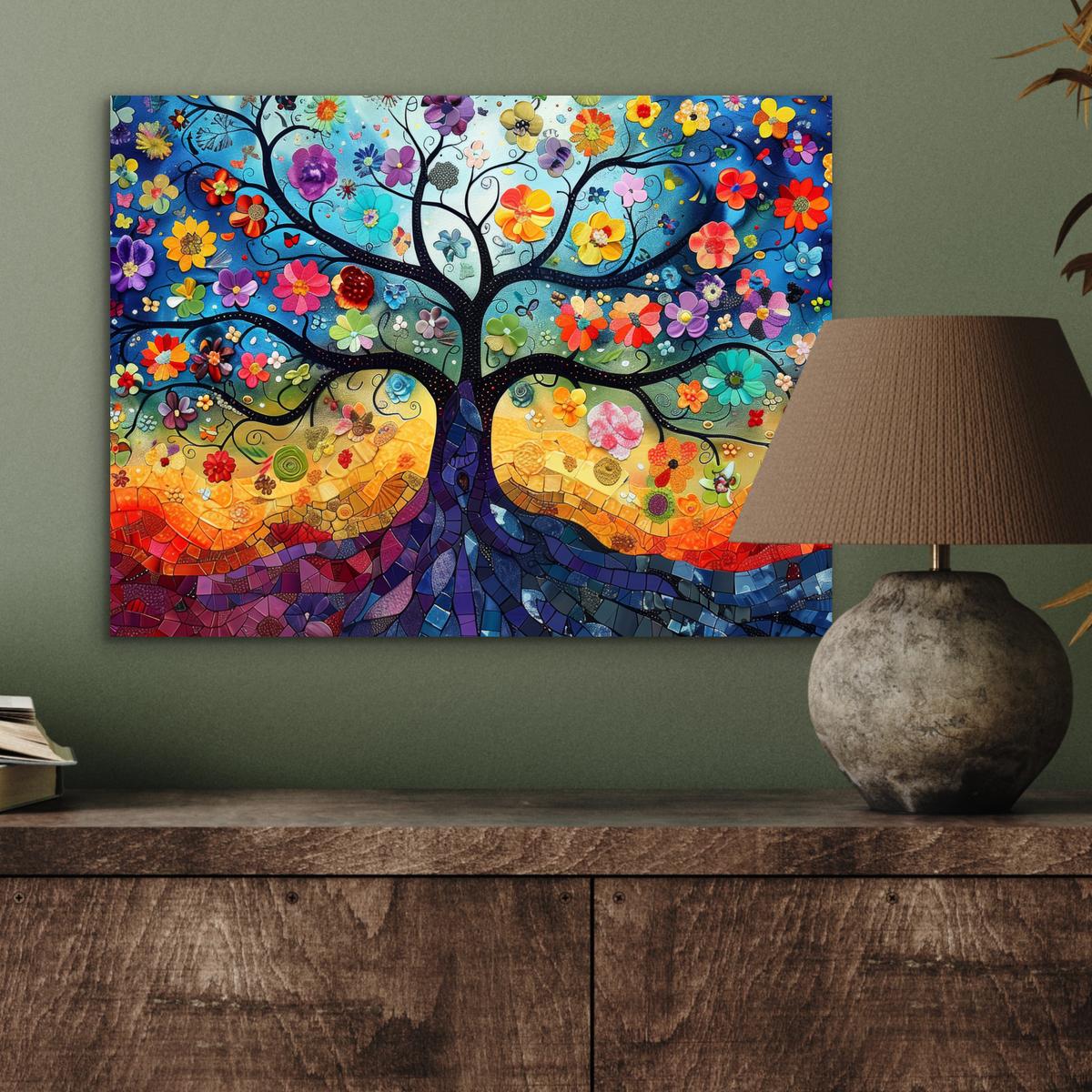 METALLBILD Kunst - Baum des Lebens - Blumen - Hippie 40x30 cm - Dunkelblau, Metall (40/30cm) - MuchoWow