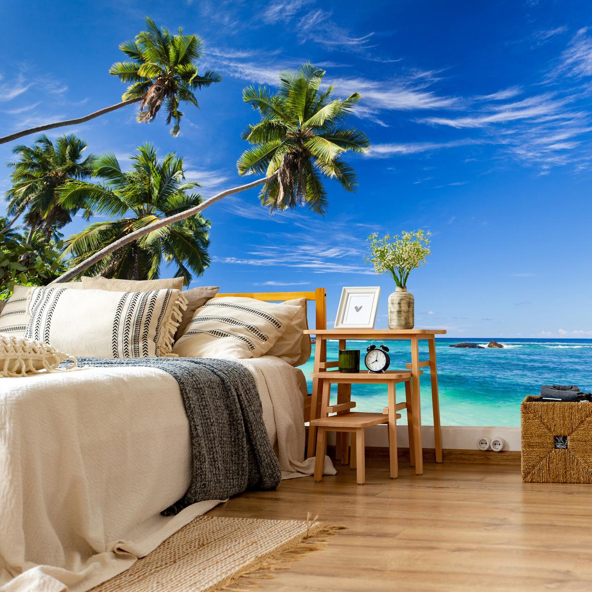 FOTOTAPETE Strand Ozean Palmen Landschaft 3D 300x210 - Türkis/Blau, Papier (300/210cm) - Muralo