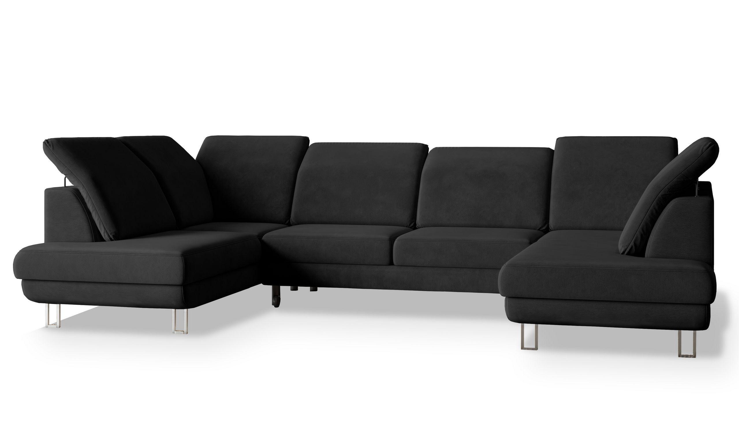 WOHNLANDSCHAFT TERAMO Schwarz Velours-Stoff mit Schlaffunktion - Silberfarben/Schwarz, Holz/Textil (316/88/193cm) - MASSENO