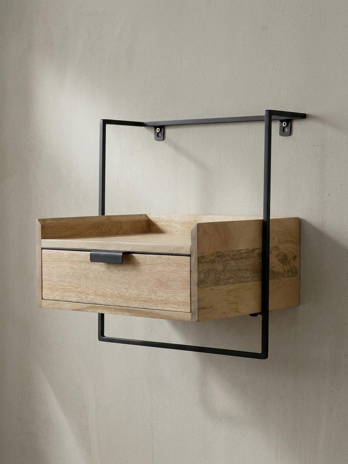 NACHTTISCH Mango Massivholz Wandmontage Schublade Boxspringbett, Beige 44x35x45 cm - Beige/Schwarz, Holz/Metall (44/45/35cm) - KADIMA DESIGN