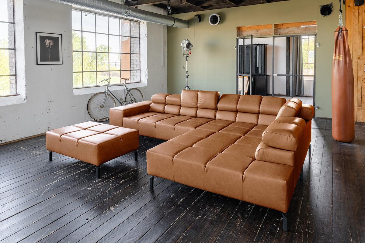ECKSOFA NELSON Braun Leder Relaxfunktion - Schwarz/Braun, Leder/Metall (321/216cm) - KAWOLA