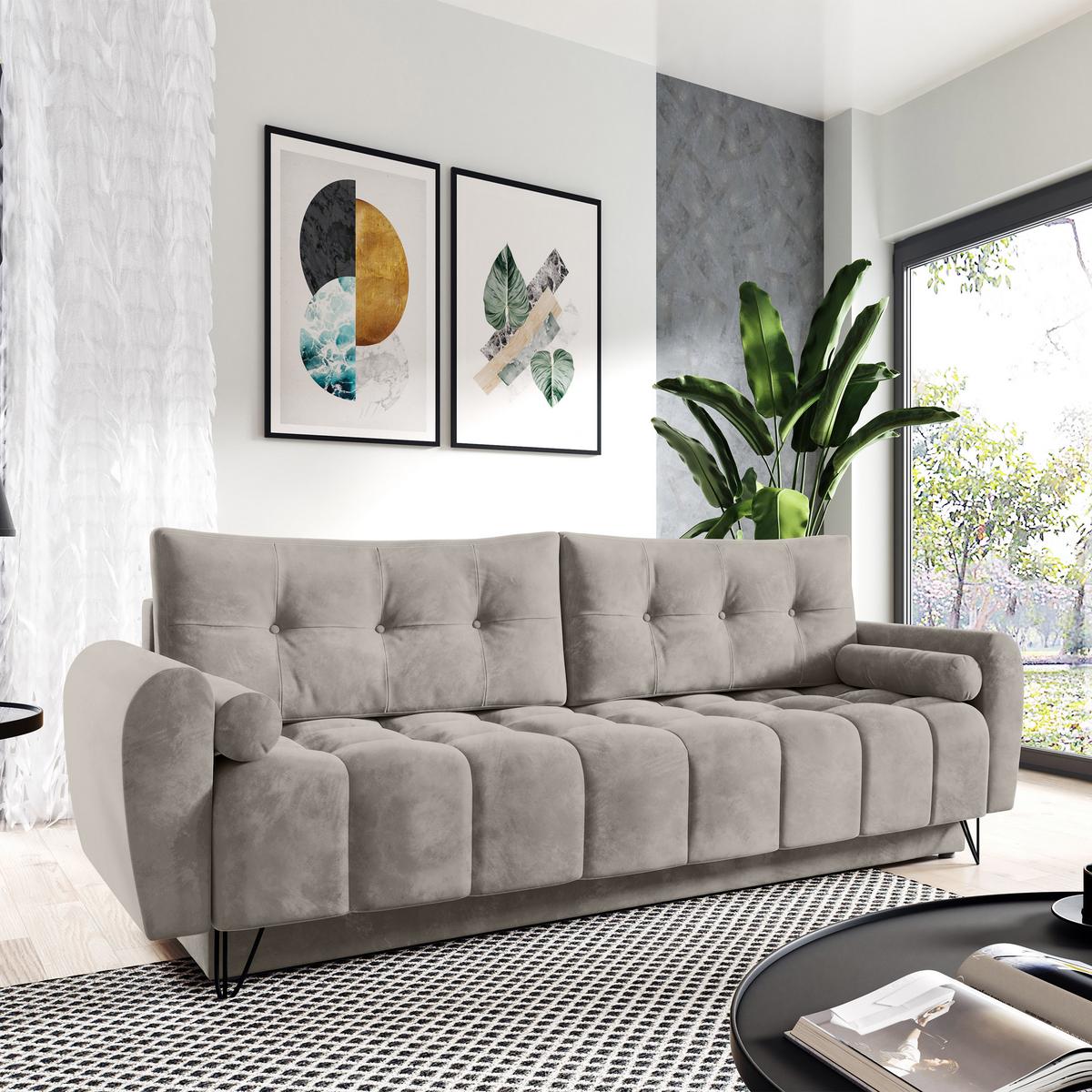 SCHLAFSOFA Malaga 3-Sitzer, Dunkelbeige - Greige/Schwarz, Textil (223/93/100cm) - Beautysofa