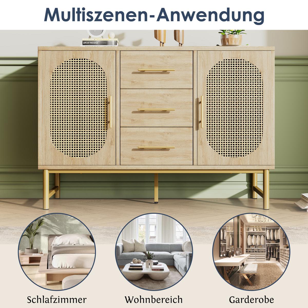 SIDEBOARD mit Rattan-Türen, 100x40x60 cm - Eiche San Remo, Holzwerkstoff/Metall (120/74/40cm) - Urban Meuble