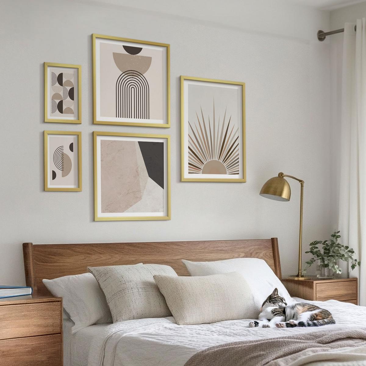 BILDER SET 5er Set - 50x50 cm & 20x30 cm & 40x60 cm Goldrahmen - Abstrakte beige und braune Formen - Goldfarben, Kunststoff (40/60cm) - TULUP