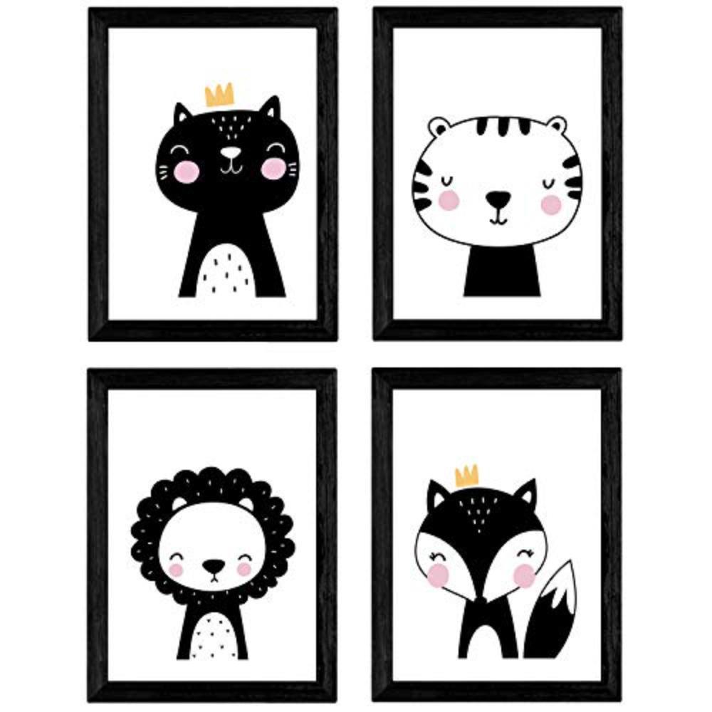 POSTER Set mit 4 Fox, Leon, Katze und Tiger Tieren A4 Schwarzer Rahmen - Schwarz, Papier (29.7/3cm) - Nacnic