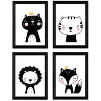 POSTER Set mit 4 Fox, Leon, Katze und Tiger Tieren A4 Schwarzer Rahmen - Schwarz, Papier (29.7/3cm) - Nacnic