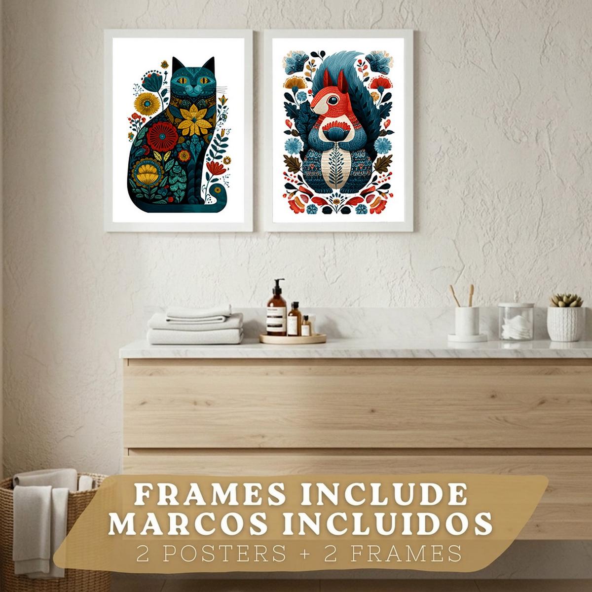 POSTER 2er-Set moderne Kunstdrucke im Folk-Stil, Katzen- und Eichhörnchen-Dekorationsbilder, farbenfrohe Blumenposter für Wohnzimmer Weißer Rahmen A3 - Weiß, Papier (42/29.7/3cm) - Nacnic