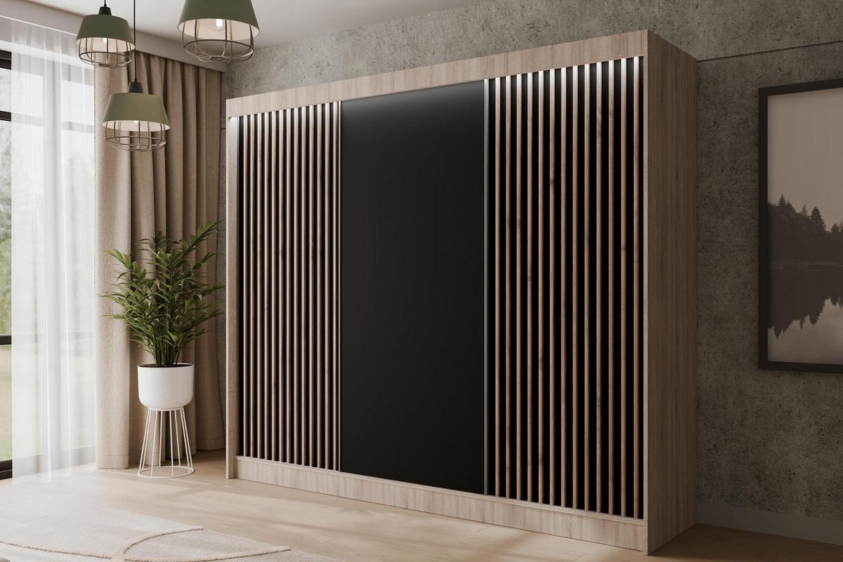 KLEIDERSCHRANK mit LED, Lamel-Schiebetüren VILANv2 - 250 cm Sonoma Eiche + Lamelle Eiche Wotan - Eiche Wotan/Sonoma Eiche, Holzwerkstoff (250/215/61cm) - ALTDECOR