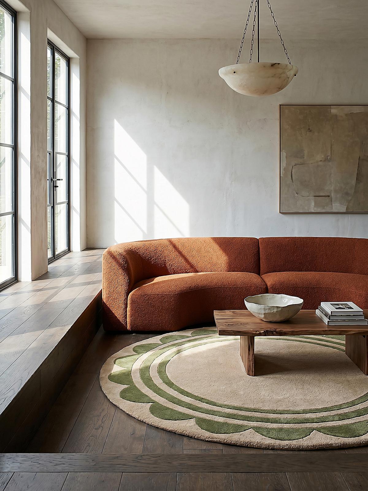 WOLLTEPPICH WENSUM, mit grafischem Muster mit Rahmen, Grün-Beige, Ø 120 cm - Grün, Textil (120/120cm) - KADIMA DESIGN