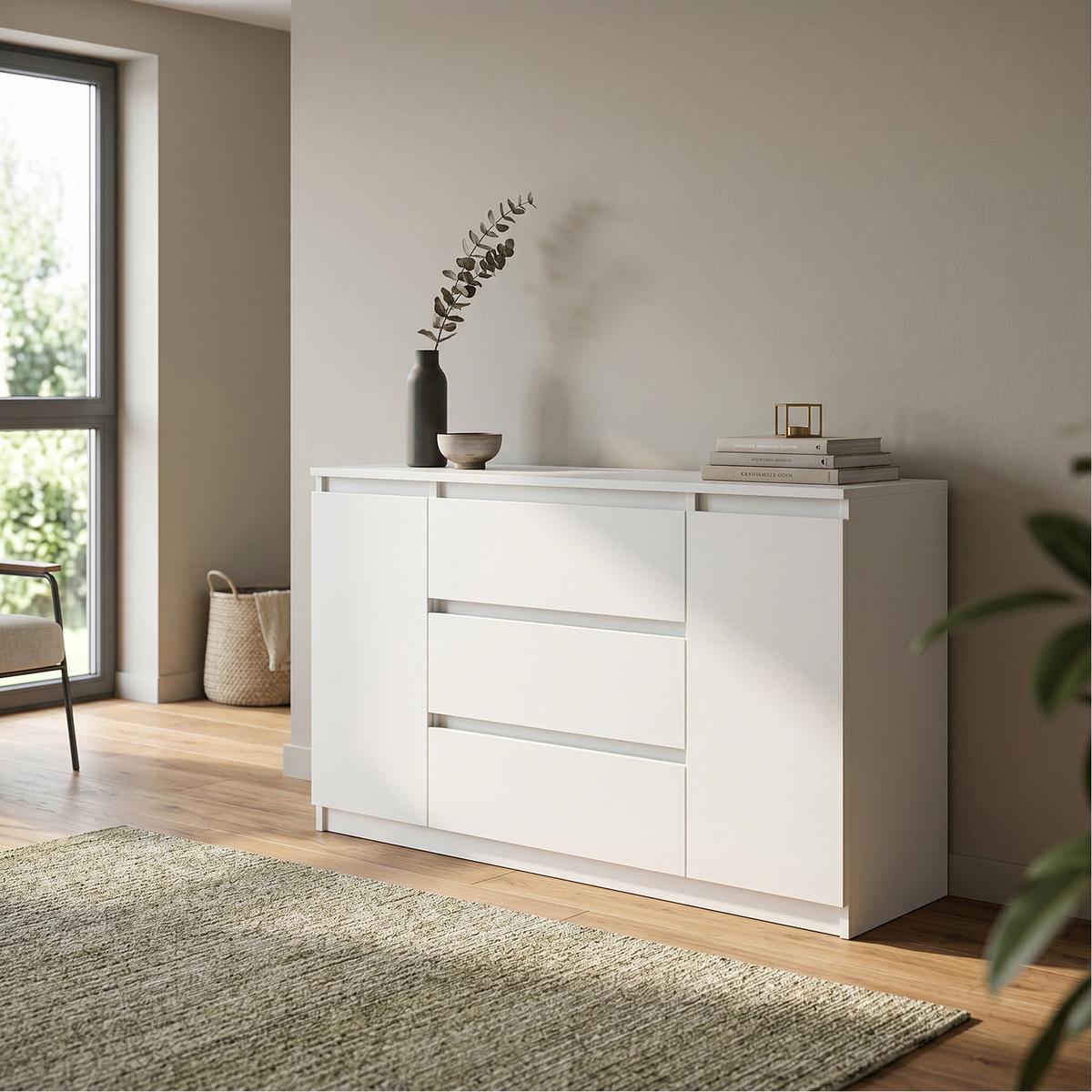 KOMMODE NUDO 138,5/78,2/39cm mit 3 Schubladen 2 Türen Weiß - Weiß, Holzwerkstoff (138.5/78.2/39cm) - MASSENO