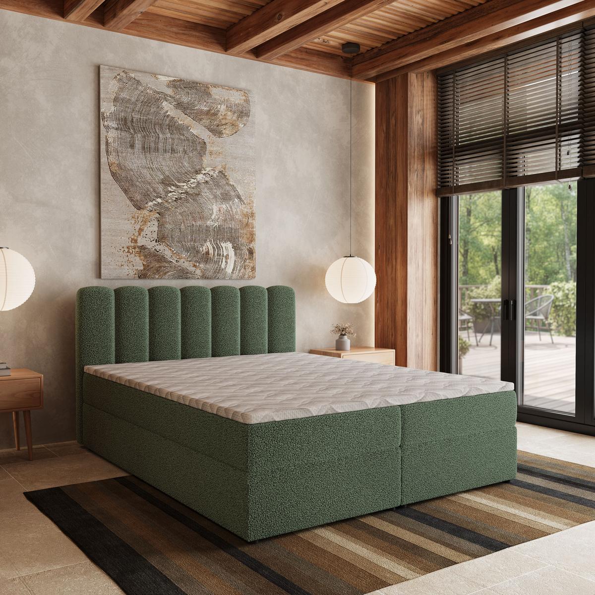BOXBETT SOLIA 160x200 cm mit Matratze und Topper, H2+H3 - Grün - Grün, Holz (160/200cm) - MASSENO