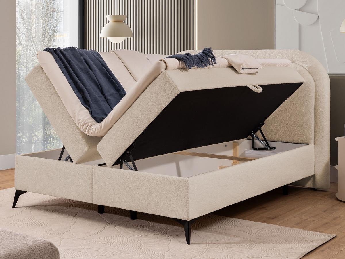 BOXBETT Sonna 180/200 cm Hellbeige Bouclé-Stoff mit abgerundetem Kopfteil und mit schwarzen Metallfüßen - Beige/Schwarz, Holz/Textil (180/200cm) - S-Style Möbel