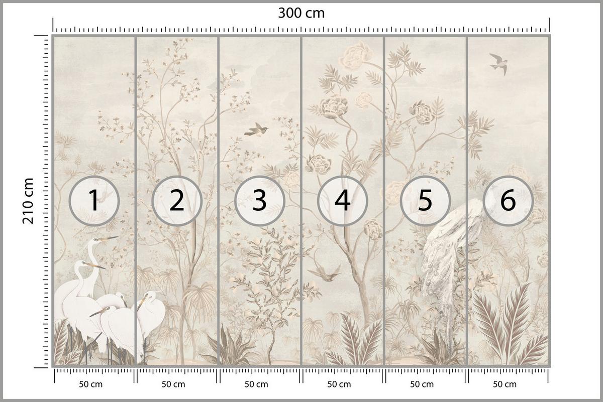 FOTOTAPETE für Esszimmer Weiße Vögel Bäumen Natur Kräne Blumen 300x210 - Beige, Papier (300/210cm) - Muralo