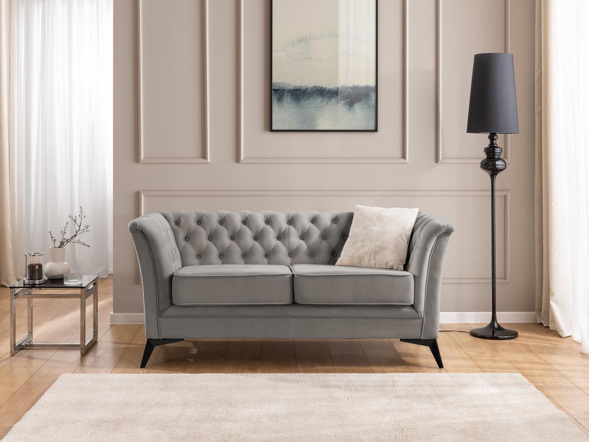 SITZGARNITUR 3+2+1 Chesterfield Whitby Grau Samt mit schwarzen Füßen - Schwarz/Grau, Holz/Textil (237/78/82cm) - S-Style Möbel