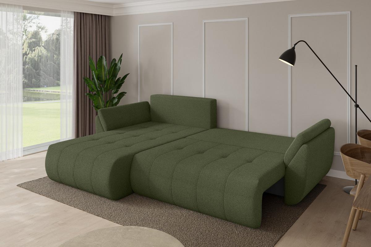 ECKSOFA mit Schlaffunktion Ottomane Links TOKO-L 277x194x86 Grün Bouclé - Schwarz/Olivgrün, Holzwerkstoff/Kunststoff (277/194cm) - ALTDECOR