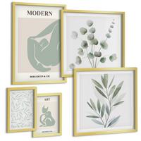 BILDER SET 5er Set - 50x50 cm & 20x30 cm & 40x60 cm Goldrahmen - Pflanzenmotive, zartes Grün - Goldfarben, Kunststoff (40/60cm) - TULUP