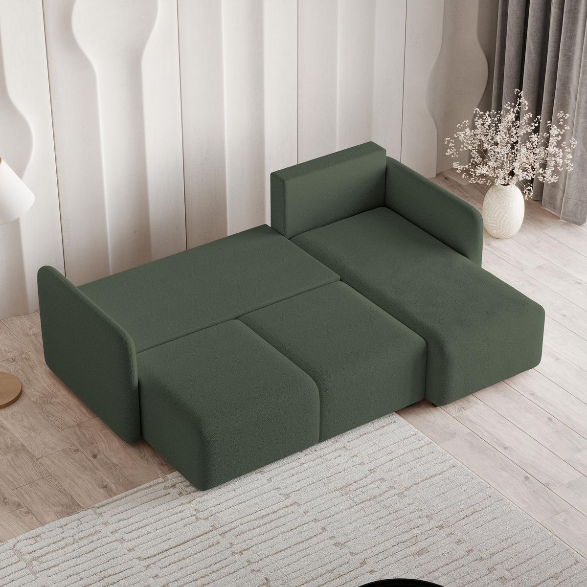 ECKSOFA SUVINO Grün Boucle-Stoff mit Schlaffunktion - Grün, Holz (230/143cm) - MASSENO